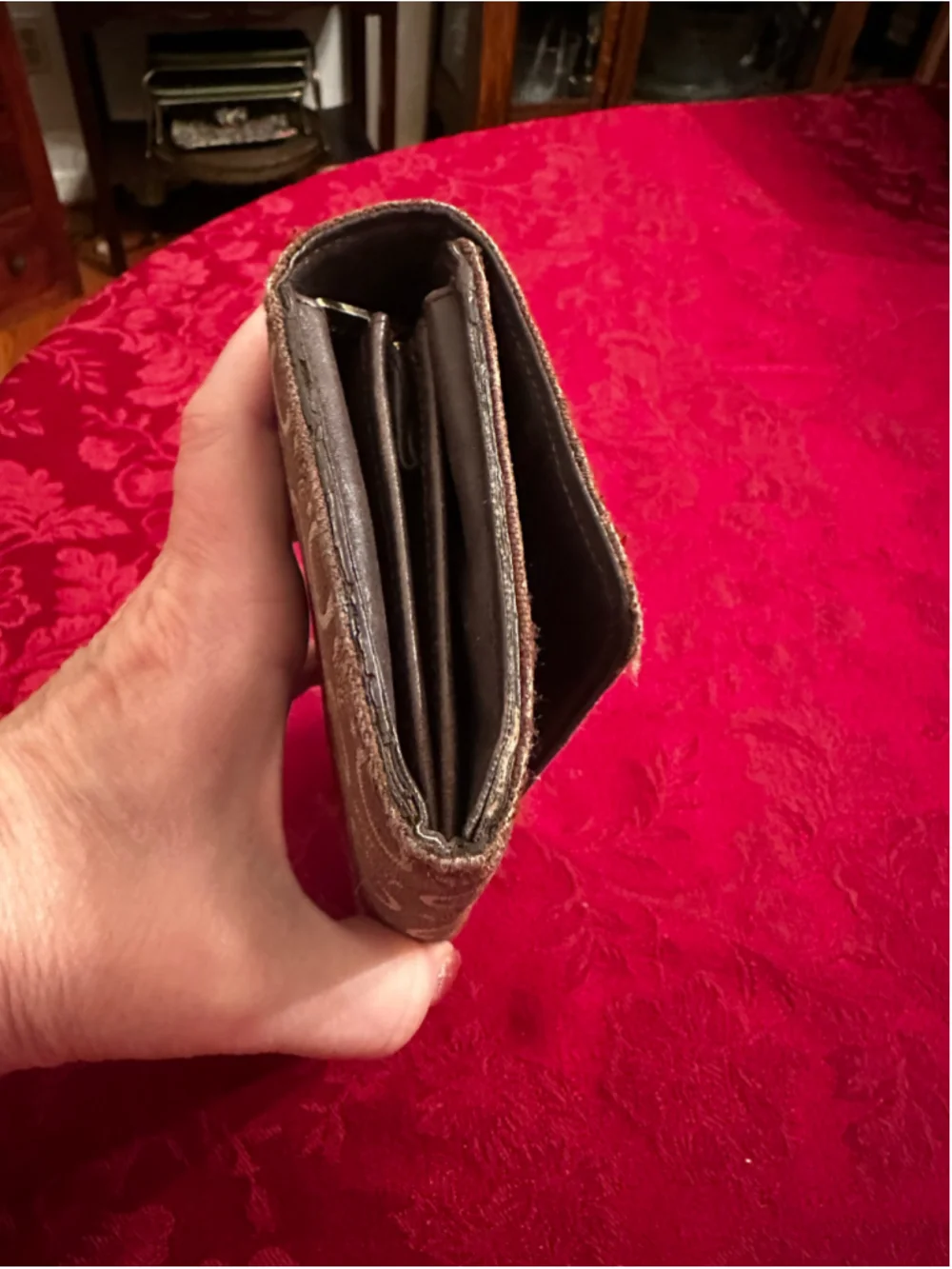 Celine Brown & Beige Canvas & Leather Monogram Long Wallet